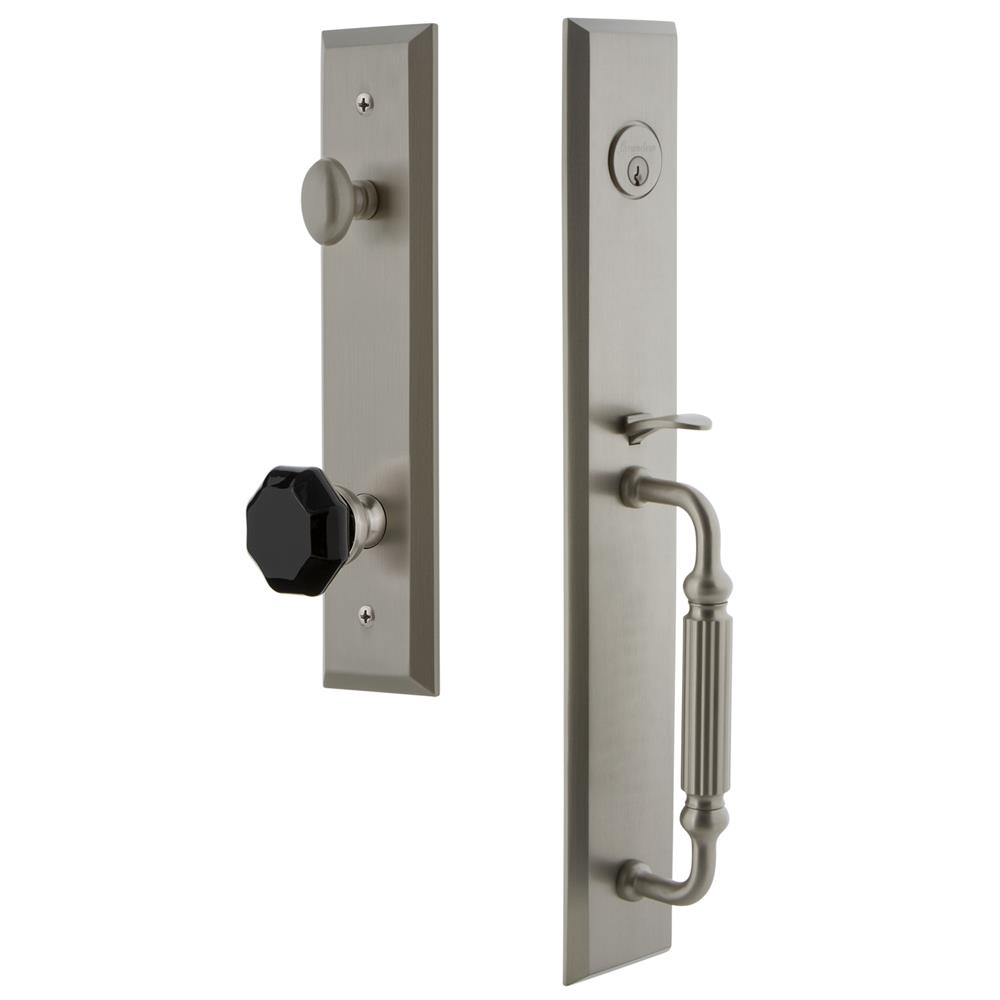 Grandeur by Nostalgic Warehouse FAVFGRLYO Fifth Avenue One-Piece Handleset with F Grip and Lyon Knob in Satin Nickel