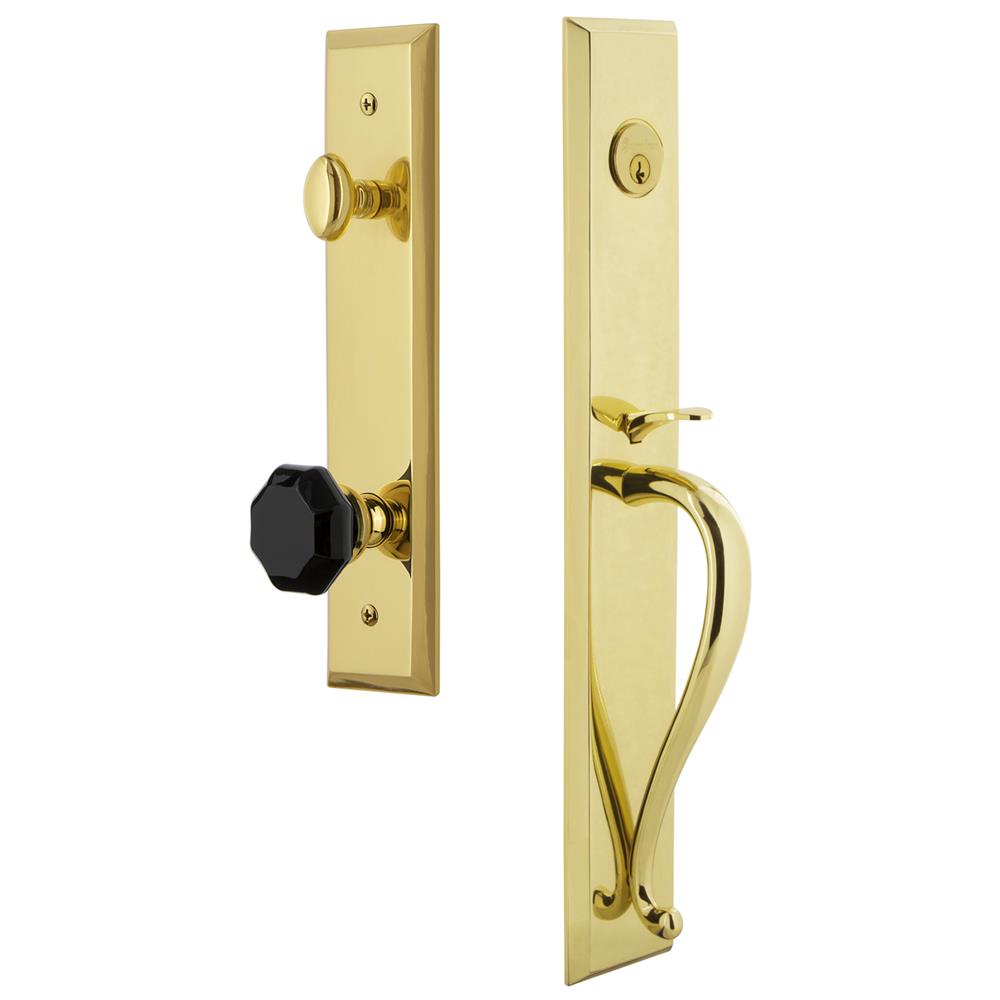 Grandeur by Nostalgic Warehouse FAVSGRLYO Fifth Avenue One-Piece Handleset with S Grip and Lyon Knob in Lifetime Brass