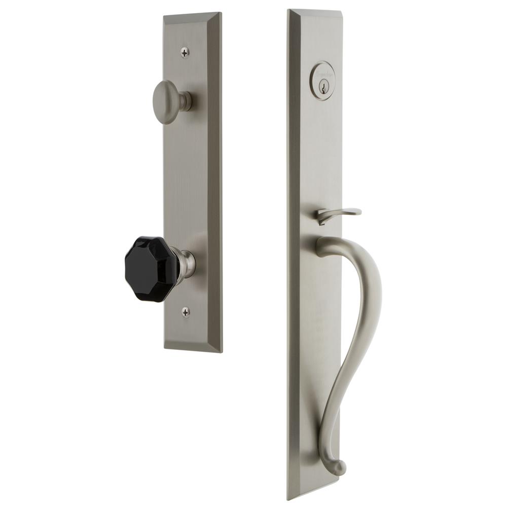 Grandeur by Nostalgic Warehouse FAVSGRLYO Fifth Avenue One-Piece Handleset with S Grip and Lyon Knob in Satin Nickel