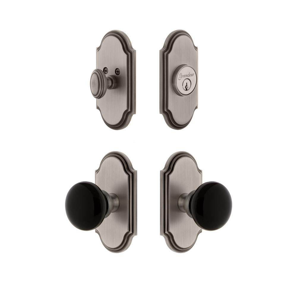 Grandeur by Nostalgic Warehouse ARCCOV Arc Plate with Coventry Knob and matching Deadbolt in Antique Pewter