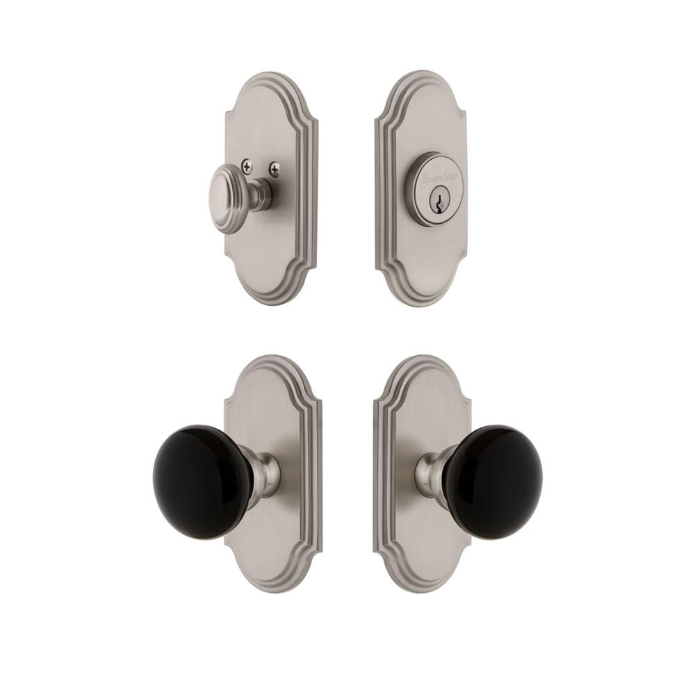 Grandeur by Nostalgic Warehouse ARCCOV Arc Plate with Coventry Knob and matching Deadbolt in Satin Nickel