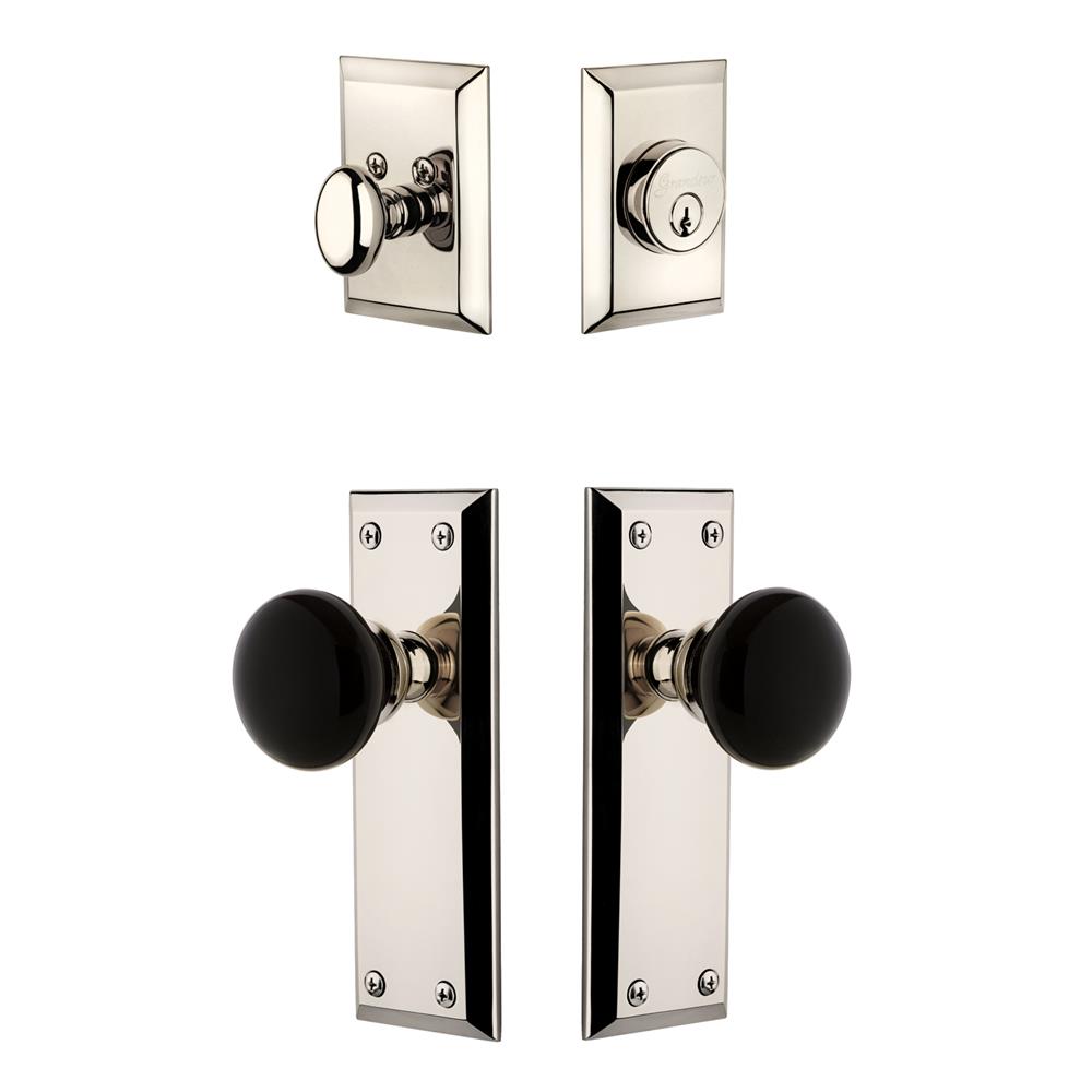 Grandeur by Nostalgic Warehouse FAVCOV Fifth Avenue Plate with Coventry Knob and matching Deadbolt in Polished Nickel