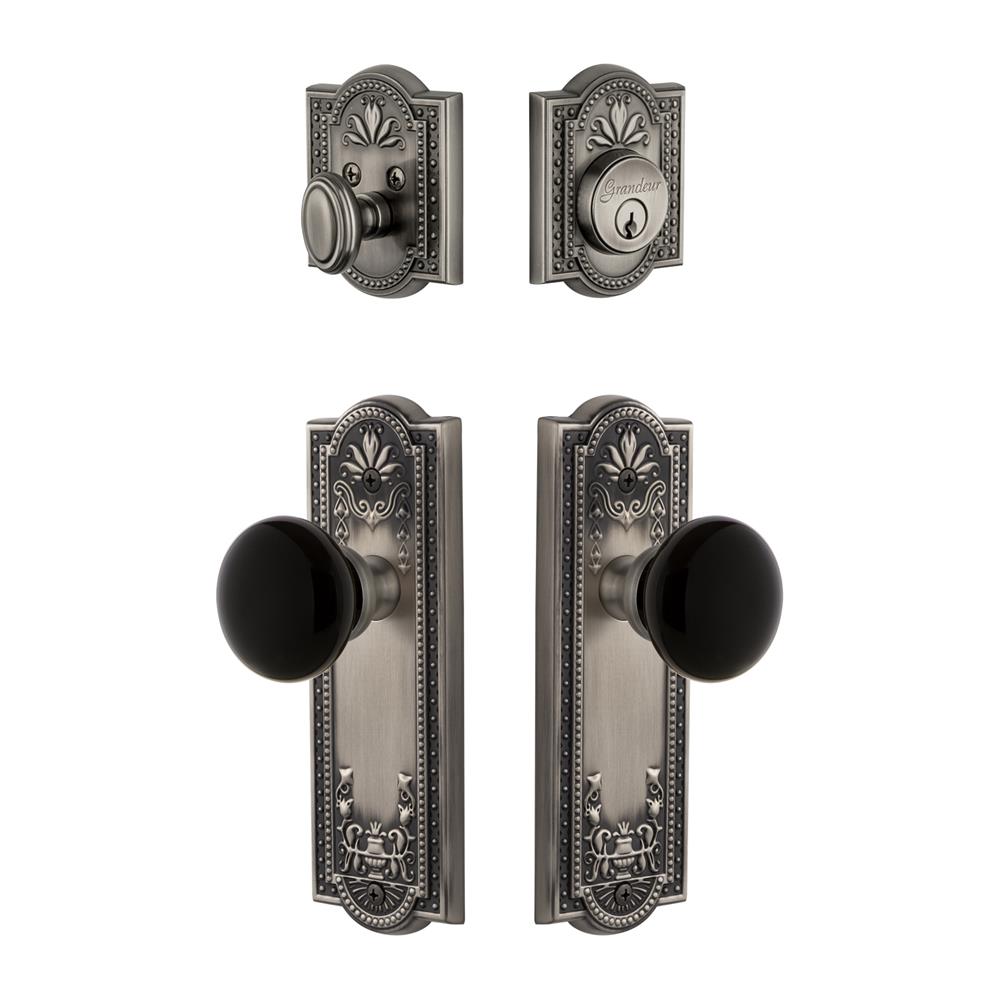 Grandeur by Nostalgic Warehouse PARCOV Parthenon Plate with Coventry Knob and matching Deadbolt in Antique Pewter