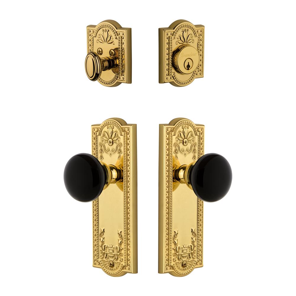 Grandeur by Nostalgic Warehouse PARCOV Parthenon Plate with Coventry Knob and matching Deadbolt in Lifetime Brass