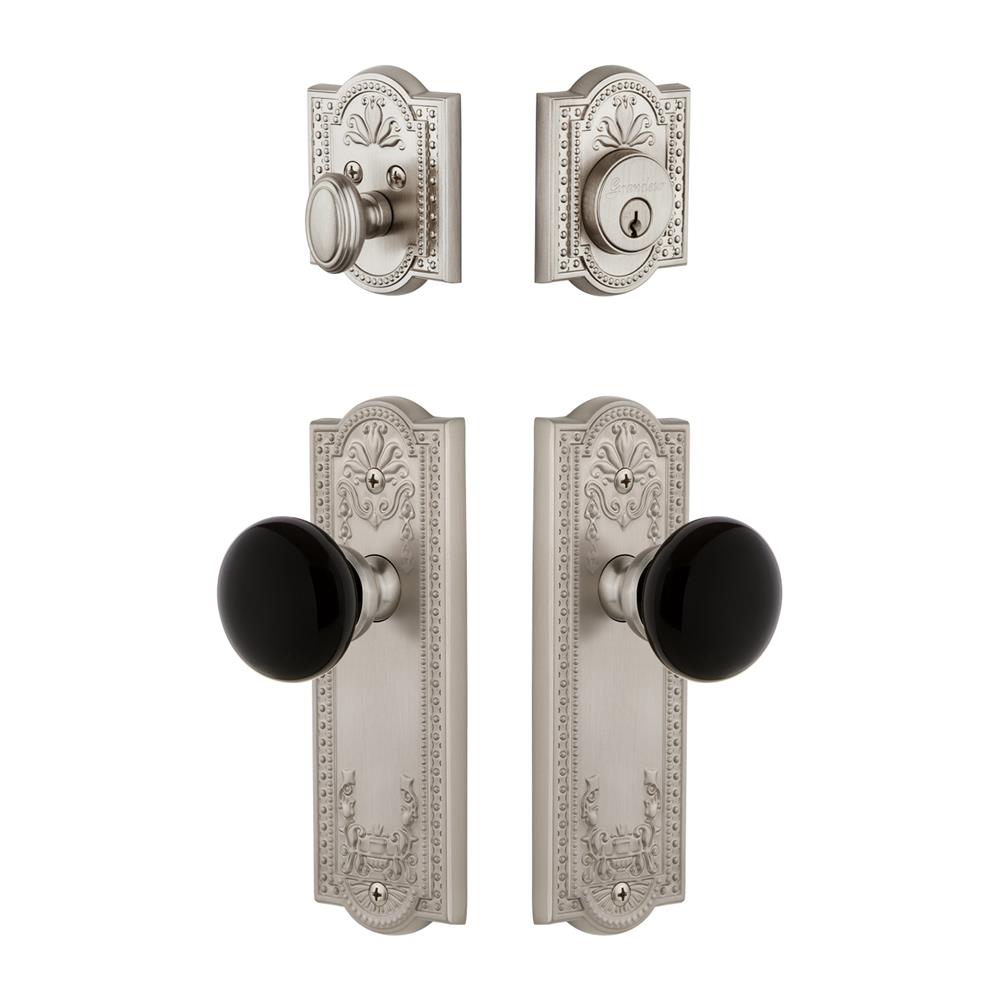 Grandeur by Nostalgic Warehouse PARCOV Parthenon Plate with Coventry Knob and matching Deadbolt in Satin Nickel