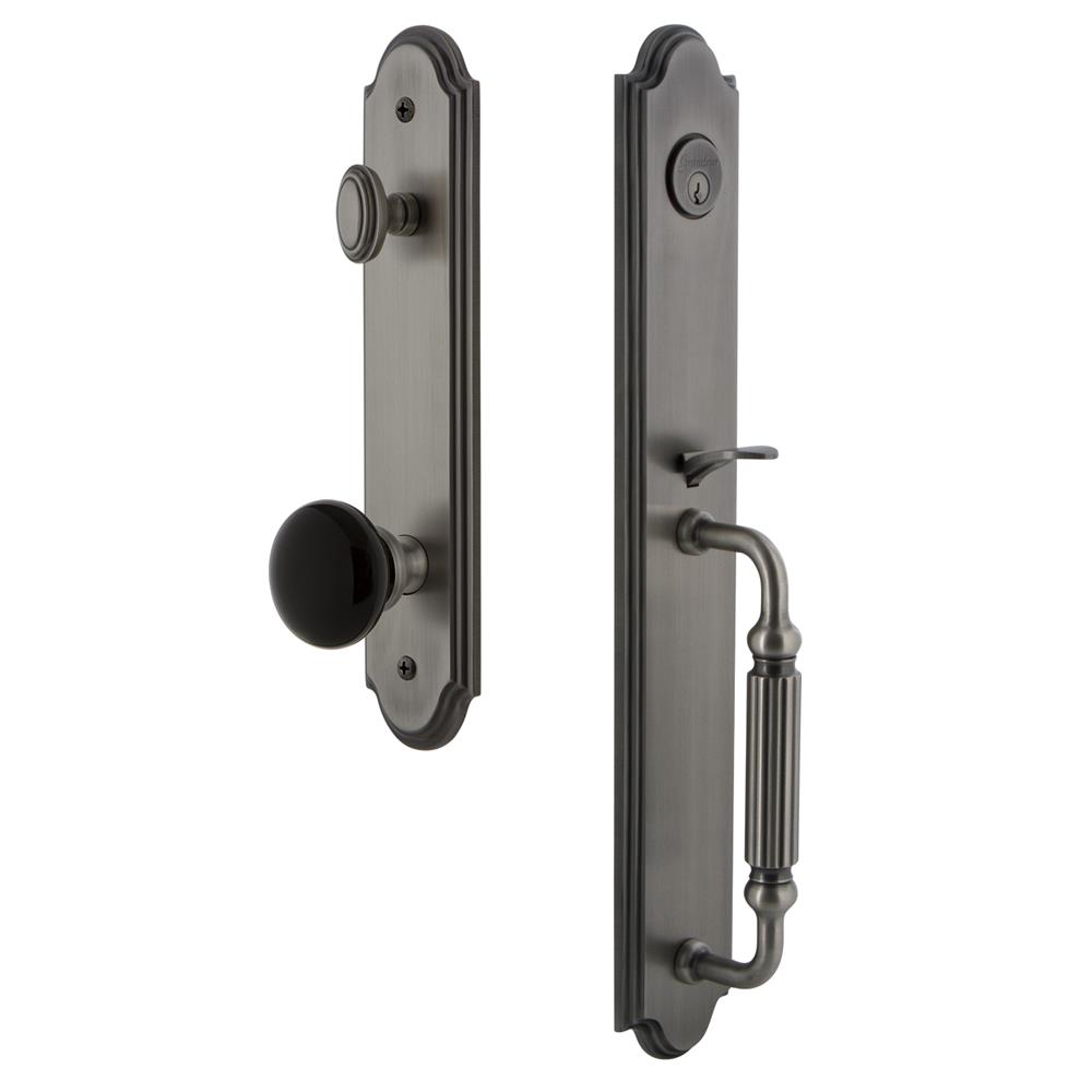 Grandeur by Nostalgic Warehouse ARCFGRCOV Arc One-Piece Handleset with F Grip and Coventry Knob in Antique Pewter