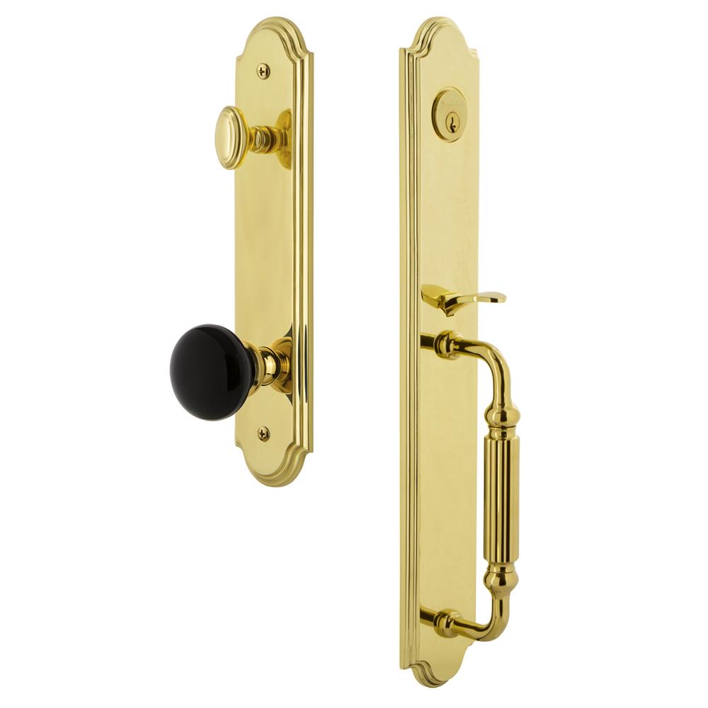 Grandeur by Nostalgic Warehouse ARCFGRCOV Arc One-Piece Handleset with F Grip and Coventry Knob in Lifetime Brass