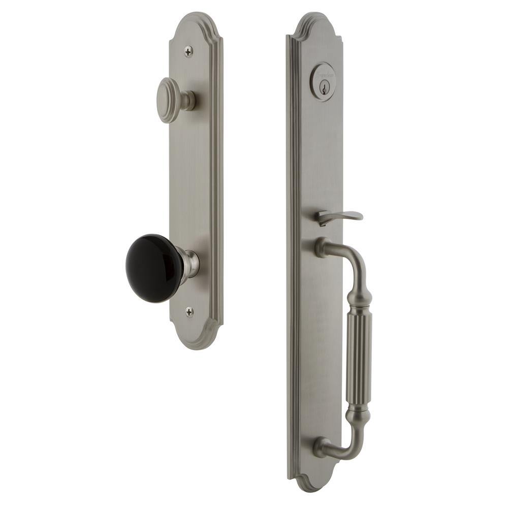 Grandeur by Nostalgic Warehouse ARCFGRCOV Arc One-Piece Handleset with F Grip and Coventry Knob in Satin Nickel