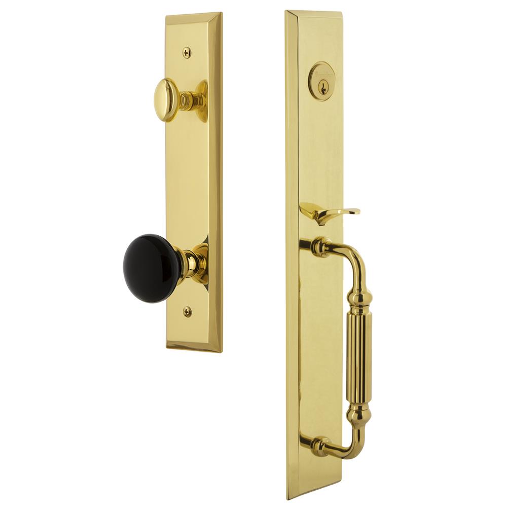 Grandeur by Nostalgic Warehouse FAVFGRCOV Fifth Avenue One-Piece Handleset with F Grip and Coventry Knob in Lifetime Brass