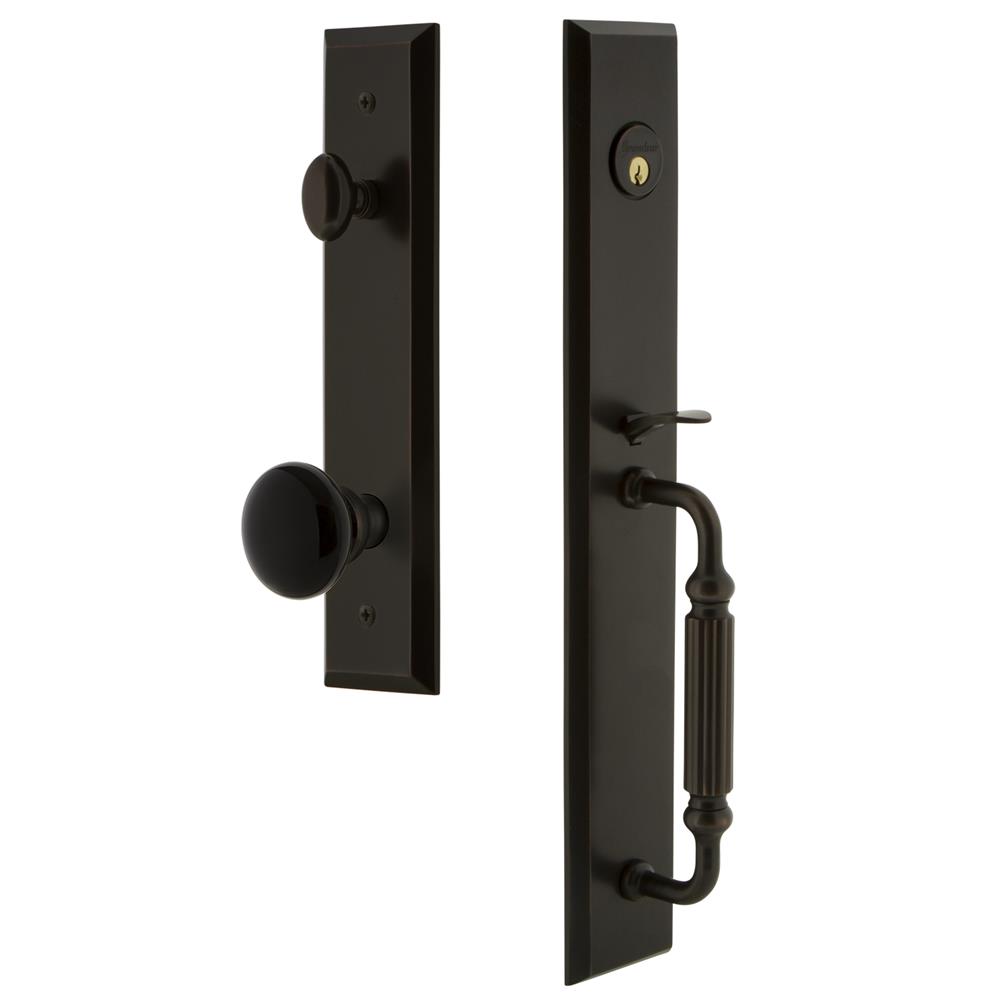 Grandeur by Nostalgic Warehouse FAVFGRCOV Fifth Avenue One-Piece Handleset with F Grip and Coventry Knob in Timeless Bronze