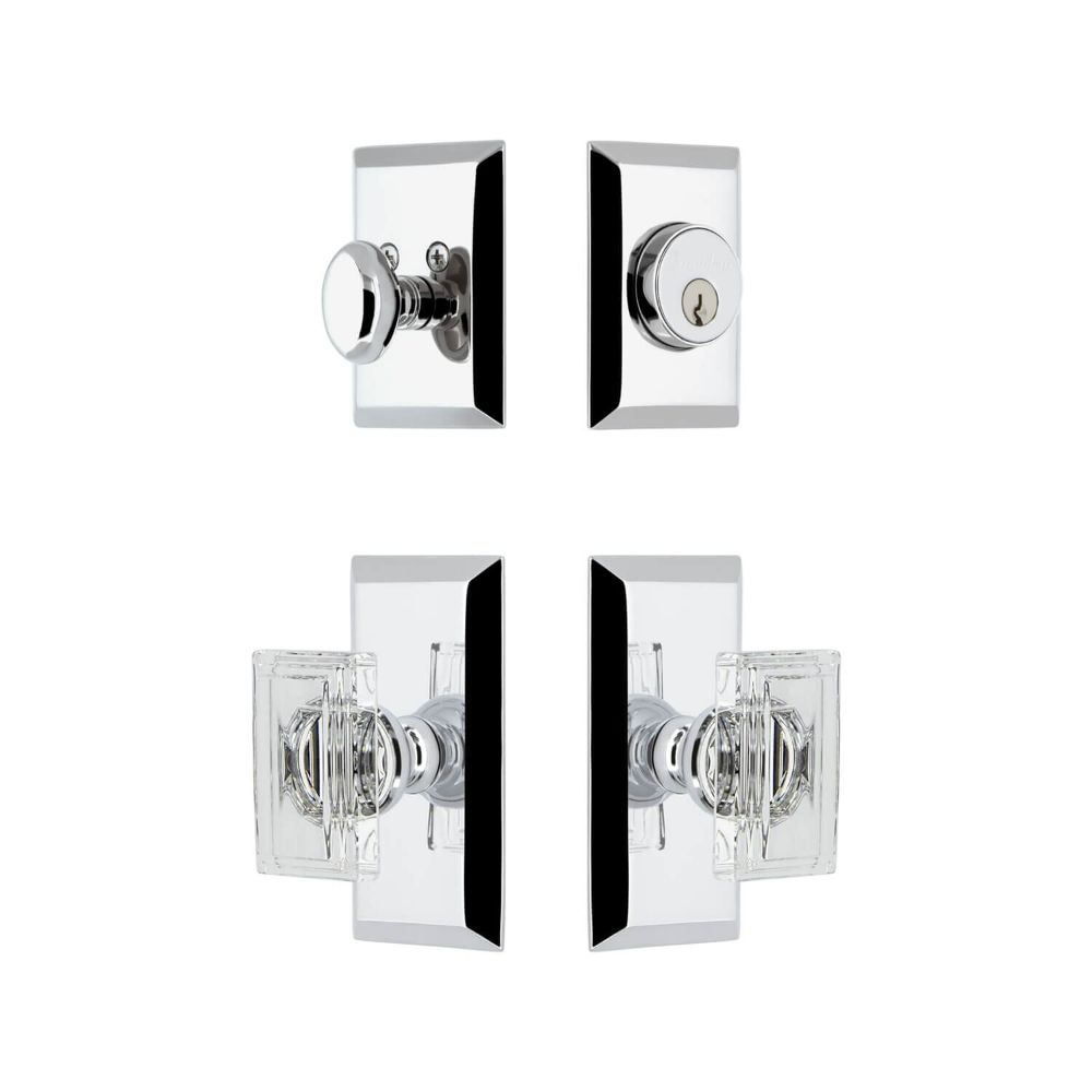Grandeur FSPEXTCCR-BC Grandeur Fifth Avenue Short Plate Entry Set with Carre Crystal Knob in Bright Chrome