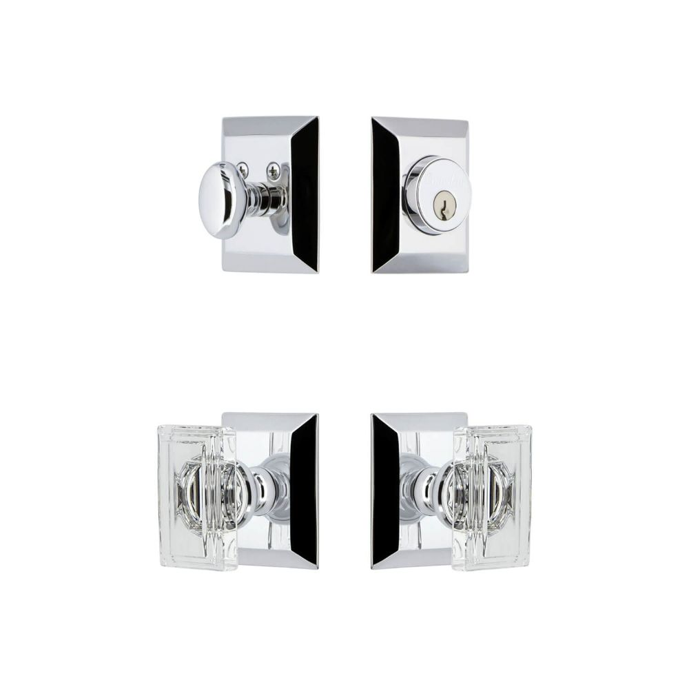 Grandeur FSQEXTCCR-BC Grandeur Fifth Avenue Square Rosette Entry Set with Carre Crystal Knob in Bright Chrome