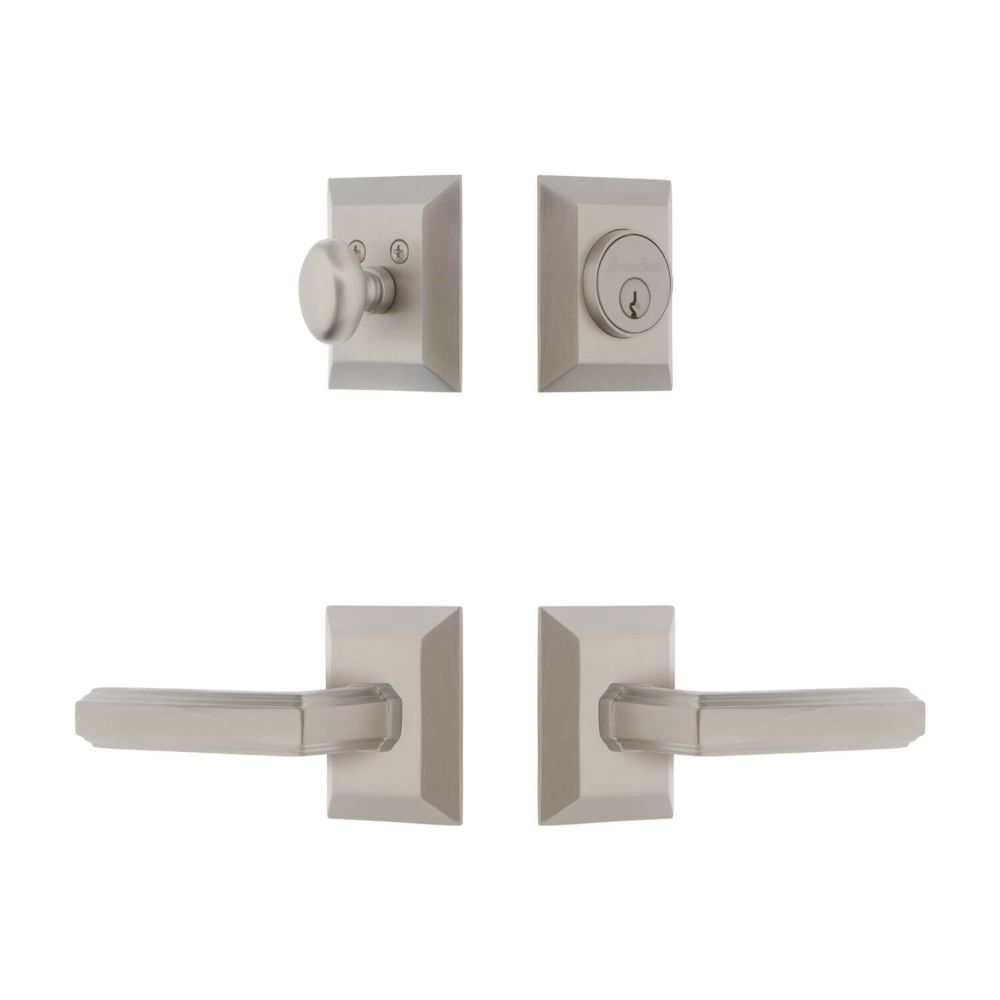 Grandeur FSQEXTCRL-SN Grandeur Fifth Avenue Square Rosette Entry Set with Carre Lever in Satin Nickel