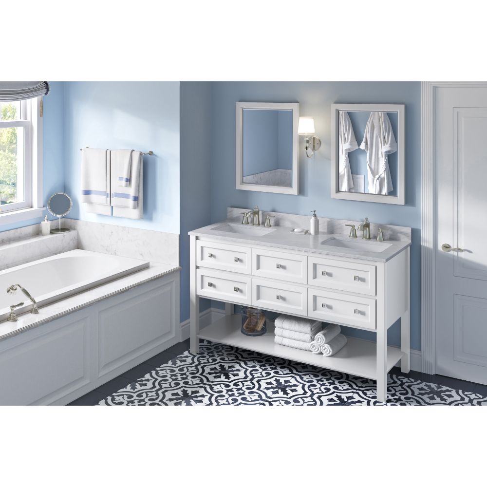 Hardware Resources VKITADL60WHWCR60" White Adler Vanity, double bowl, White Carrara Marble Vanity Top, two undermount rectangle bowls