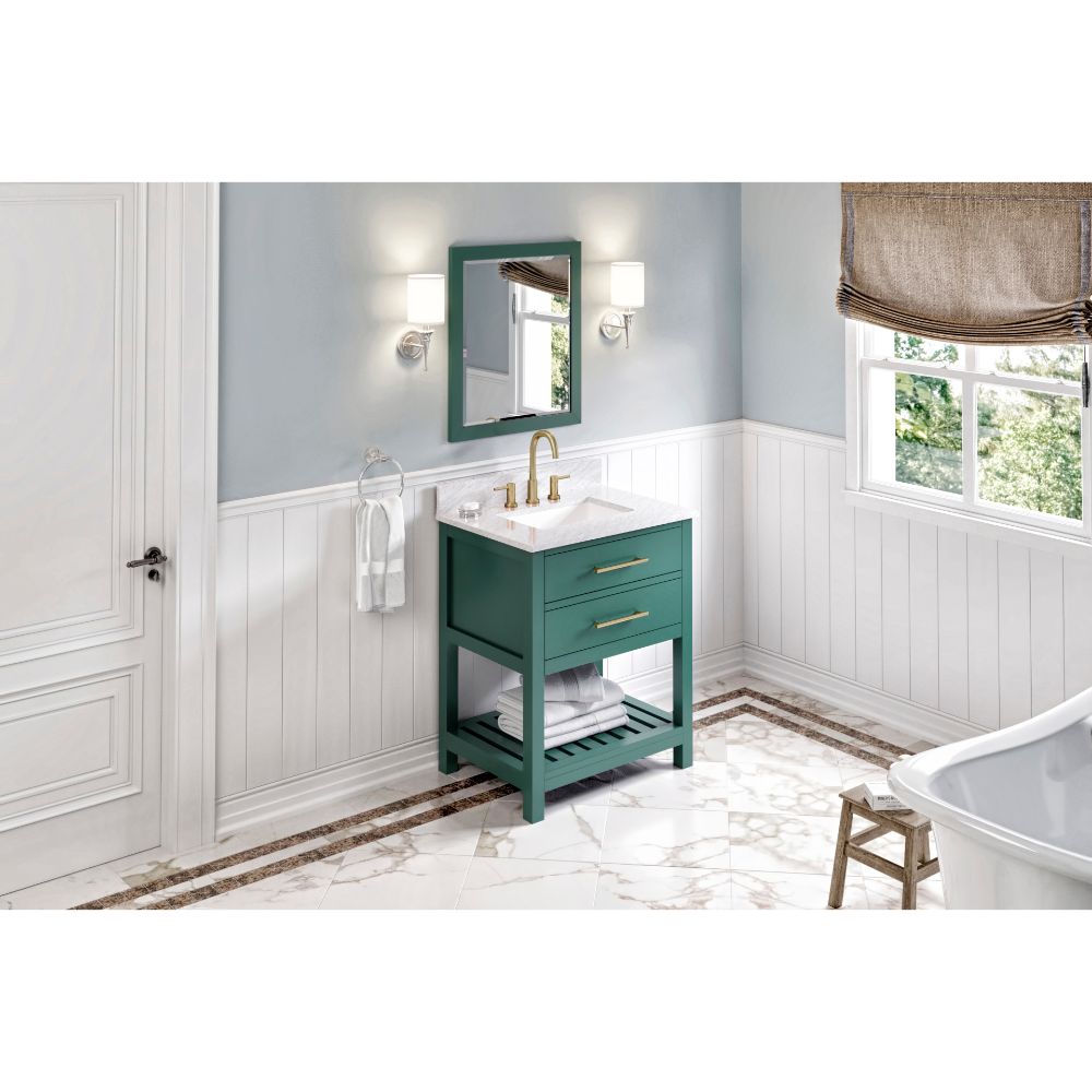 Hardware Resources VKITWAV30GNWCR30" Forest Green Wavecrest Vanity, White Carrara Marble Vanity Top, undermount rectangle bowl