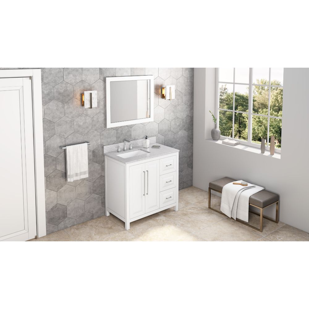 Hardware Resources VKITCAD36WHWCR36" White Cade Vanity, left offset, White Carrara Marble Vanity Top, undermount rectangle bowl