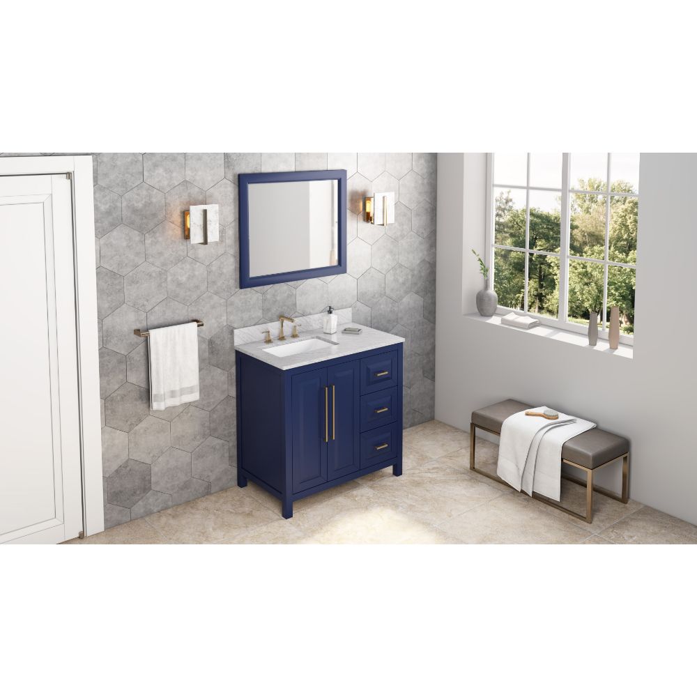 Hardware Resources VKITCAD36BLWCR36" Hale Blue Cade Vanity, left offset, White Carrara Marble Vanity Top, undermount rectangle bowl