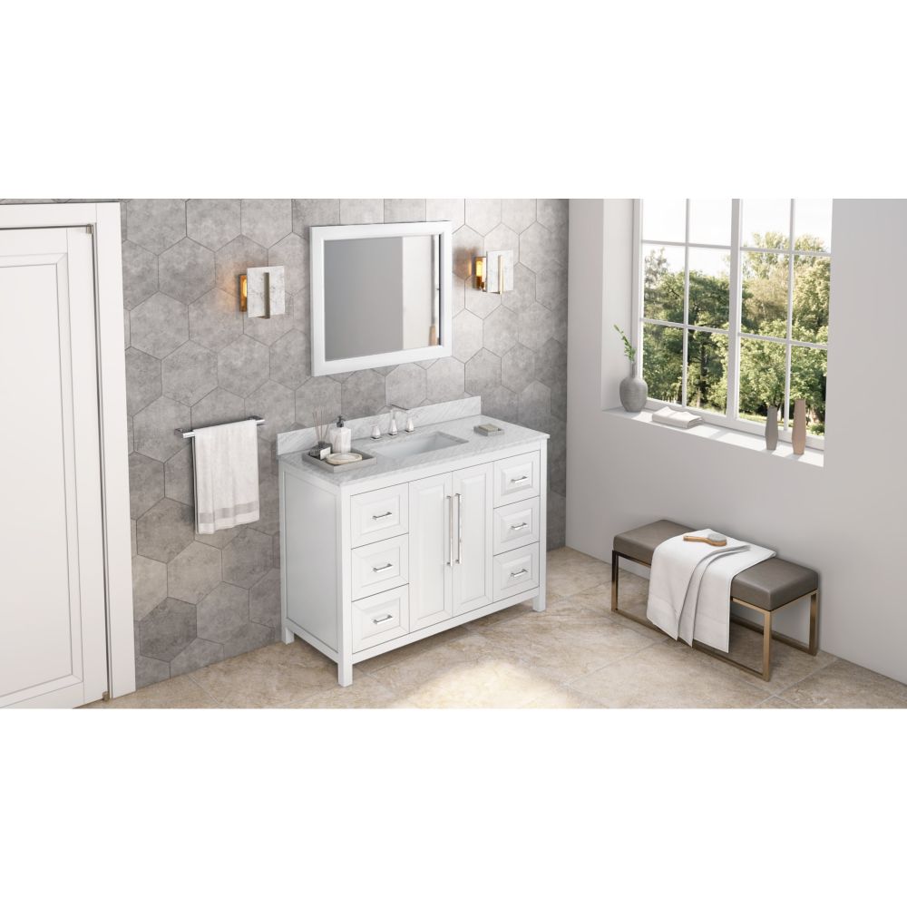 Hardware Resources VKITCAD48WHWCR48" White Cade Vanity, White Carrara Marble Vanity Top, undermount rectangle bowl