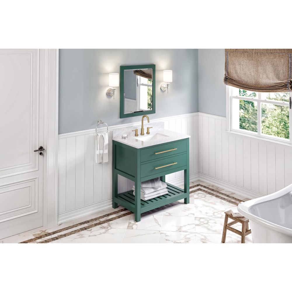 Hardware Resources VKITWAV36GNWCR36" Forest Green Wavecrest Vanity, White Carrara Marble Vanity Top, undermount rectangle bowl