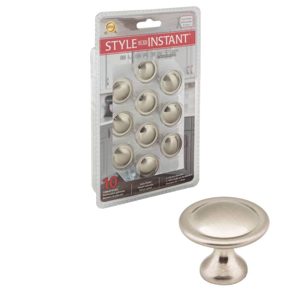 Elements 647SN-R 1-1/8" Diameter Satin Nickel Button Watervale Retail Packaged Cabinet Mushroom Knob
