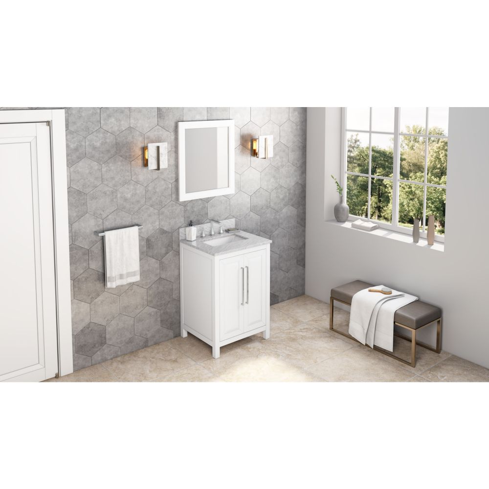 Hardware Resources VKITCAD24WHWCR24" White Cade Vanity, White Carrara Marble Vanity Top, undermount rectangle bowl