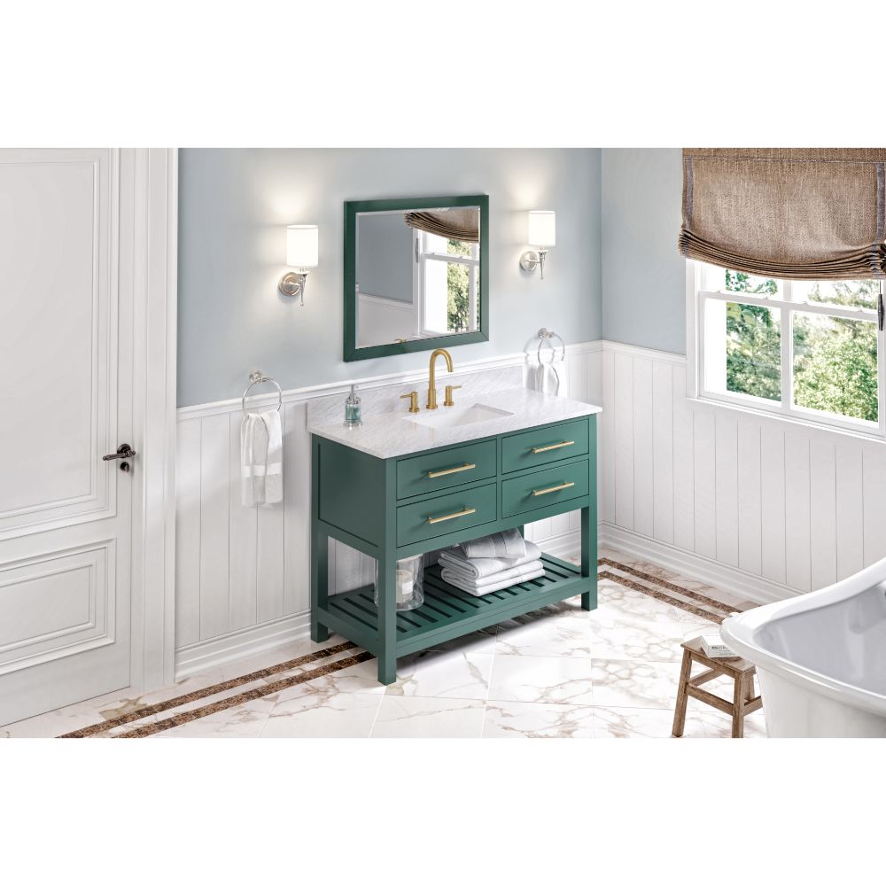 Hardware Resources VKITWAV48GNWCR48" Forest Green Wavecrest Vanity, White Carrara Marble Vanity Top, undermount rectangle bowl