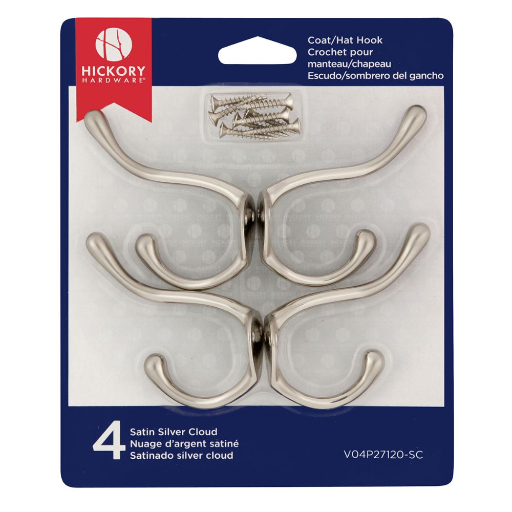 Hickory Hardware V04P27120-SC Hooks Collection Coat Hook Double (4 Pack) Satin Silver Cloud Finish