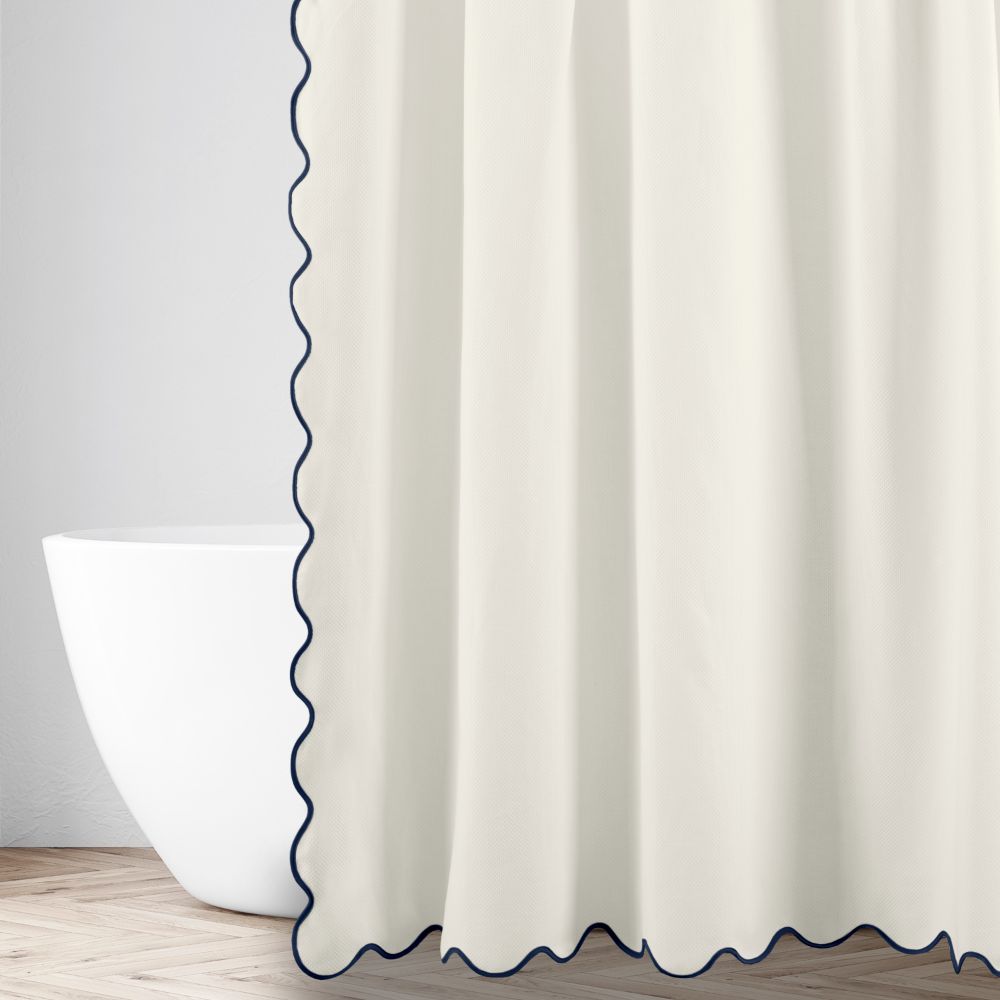Home Treasures Linen EMANY8CUR7070IVNB Antalya Honeycomb Shower Curtain - Ivory / Navy Blue