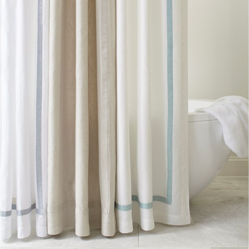 Home Treasures Linen EMFIN8CUR7070WHNB Fino Linen Shower Curtain - White / Navy Blue
