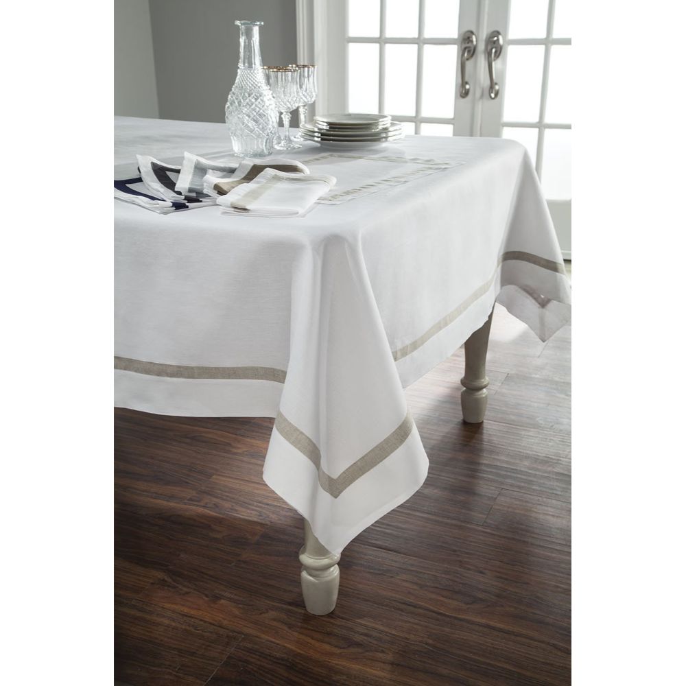 Home Treasures Linen fin-73917 Table Fino 90" Square Tablecloth in White/Wafer Taupe (Square Tablecloth Only)