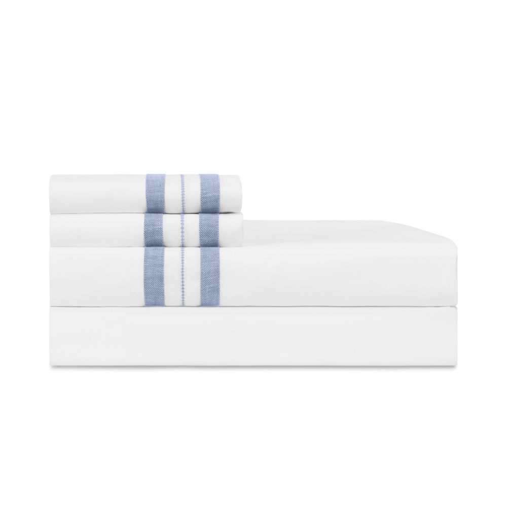 Home Treasures Linen EMMALPRL1KFLAWHLB Malibu Kg / Ck Flat Sheet - White / Light Blue