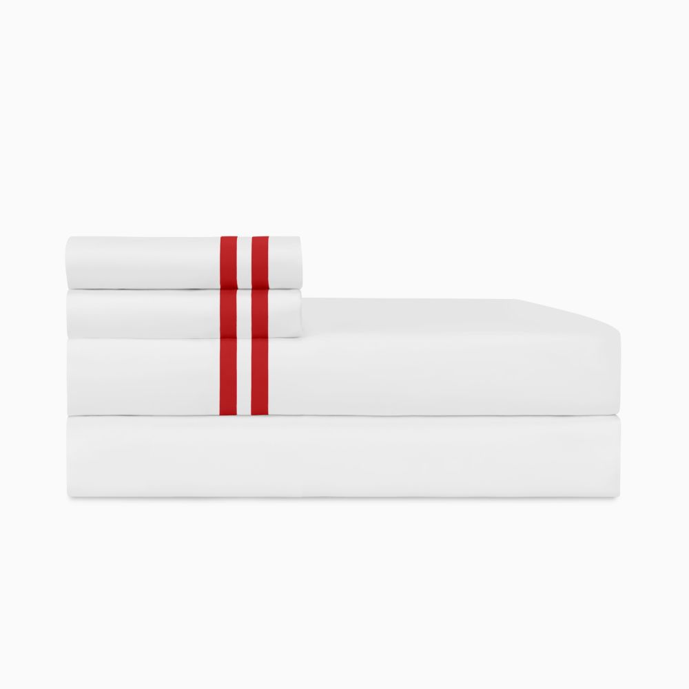Home Treasures Linen EMRIB1KFLAWHBR Ribbons Kg / Ck Flat Sheet - White / Bri Red