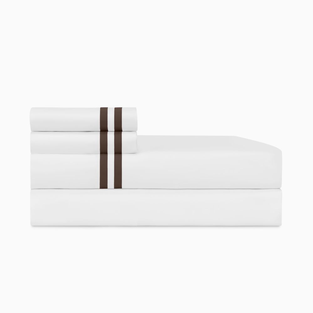 Home Treasures Linen EMRIB1KCASWHCH Ribbons King Pillowcases - White / Chocolate
