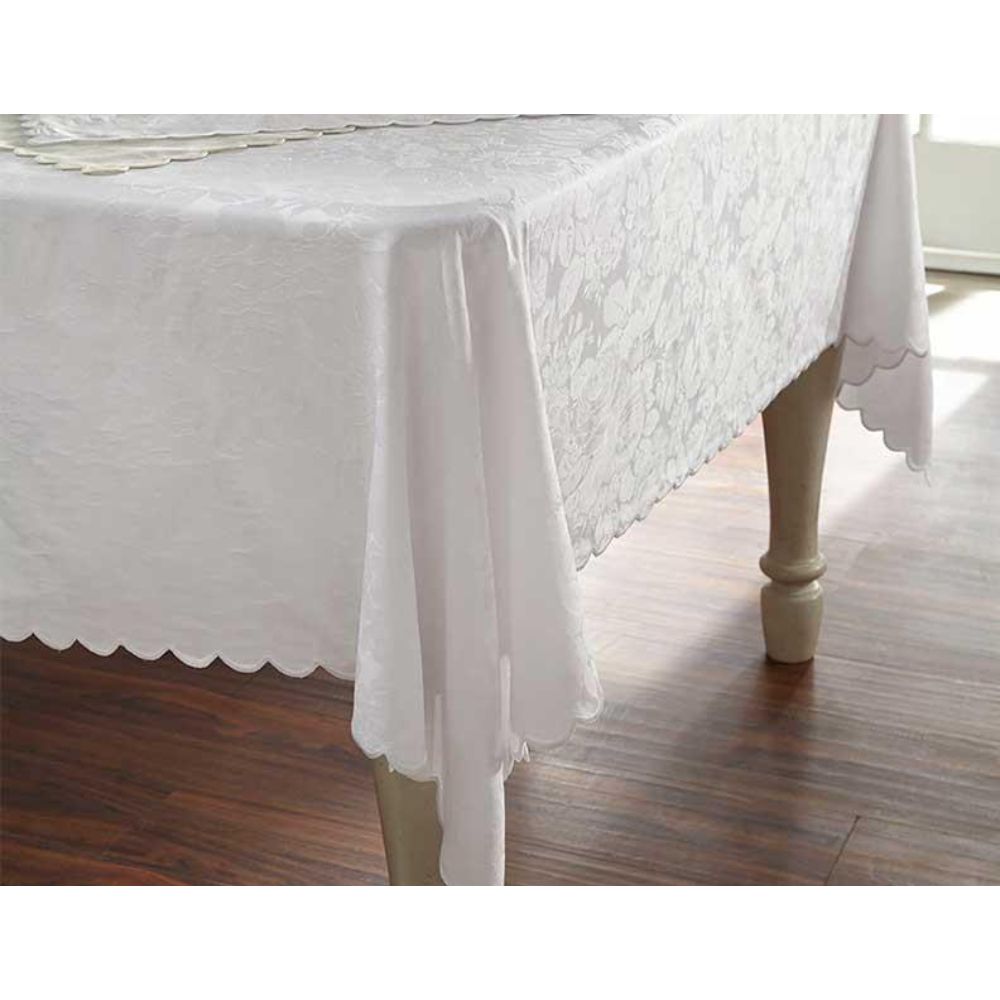 Home Treasures Linen blo-73946 Table Blooms 72" x 144" Oblong Tablecloth in White (Oblong Tablecloth Only)