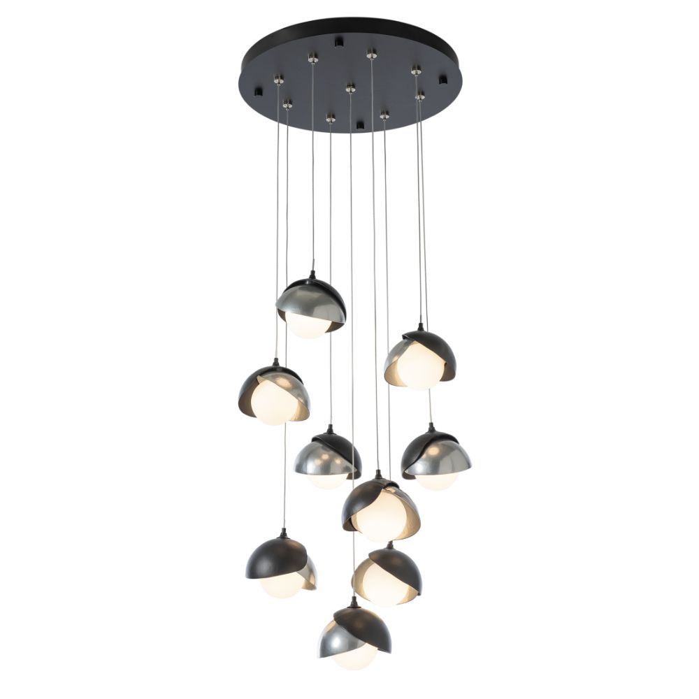 Hubbardton Forge 131105-1164 Brooklyn 9-Light Double Shade Round Pendant - Dark Smoke Finish - White Accent - Opal Glass - Standard Overall Height