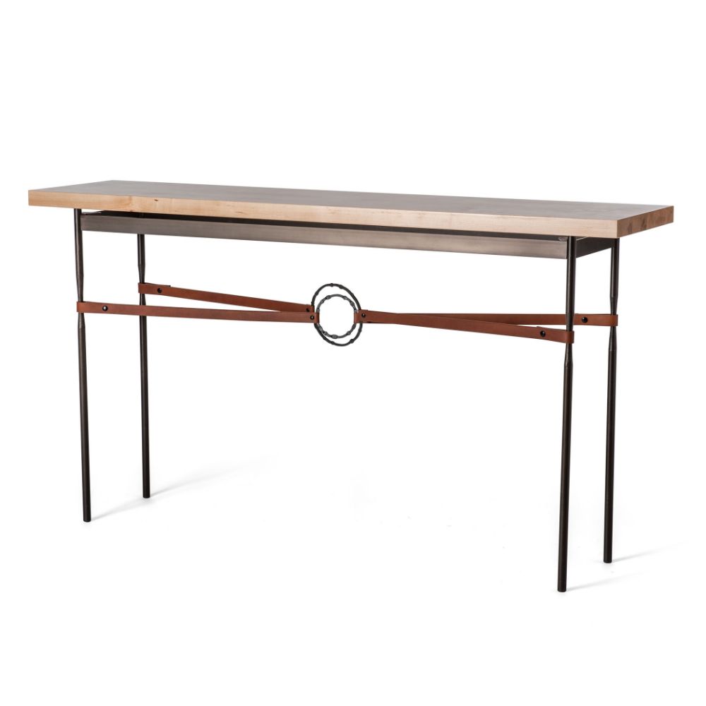 Hubbardton Forge 750120-1000 Equus Wood Top Console Table - Bronze Finish - Bronze Accents - British Brown Leather - Natural Maple Wood Top
