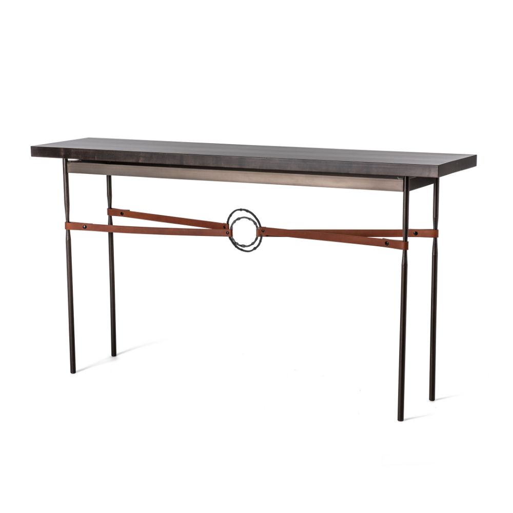 Hubbardton Forge 750120-1648 Equus Wood Top Console Table - Modern Brass Finish - Bronze Accents - British Brown Leather - Natural Maple Wood Top
