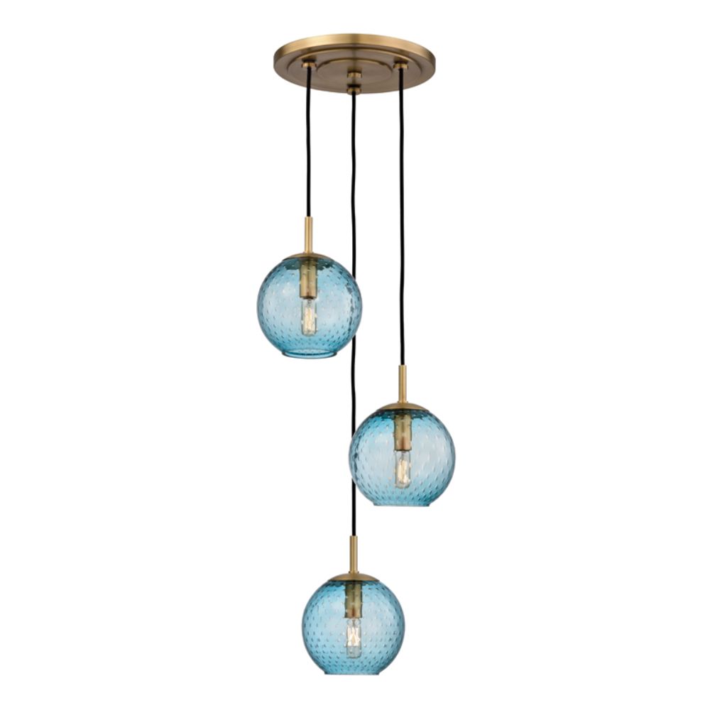 Hudson Valley 2033-AGB-BL 3 LIGHT PENDANT WITH BLUE GLASS in Aged Brass