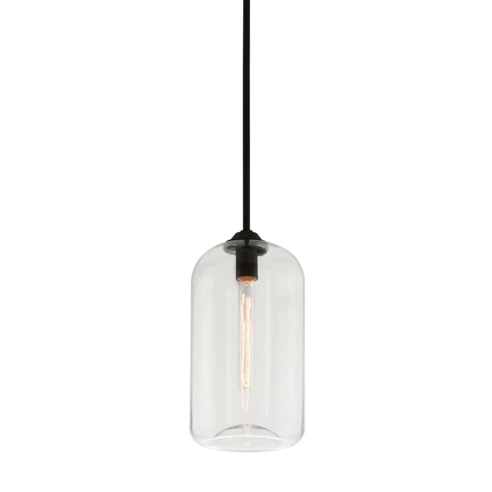 Troy Lighting F5561-SBK District 1 Light Pendant Small in Satin Black with Clear Glass
