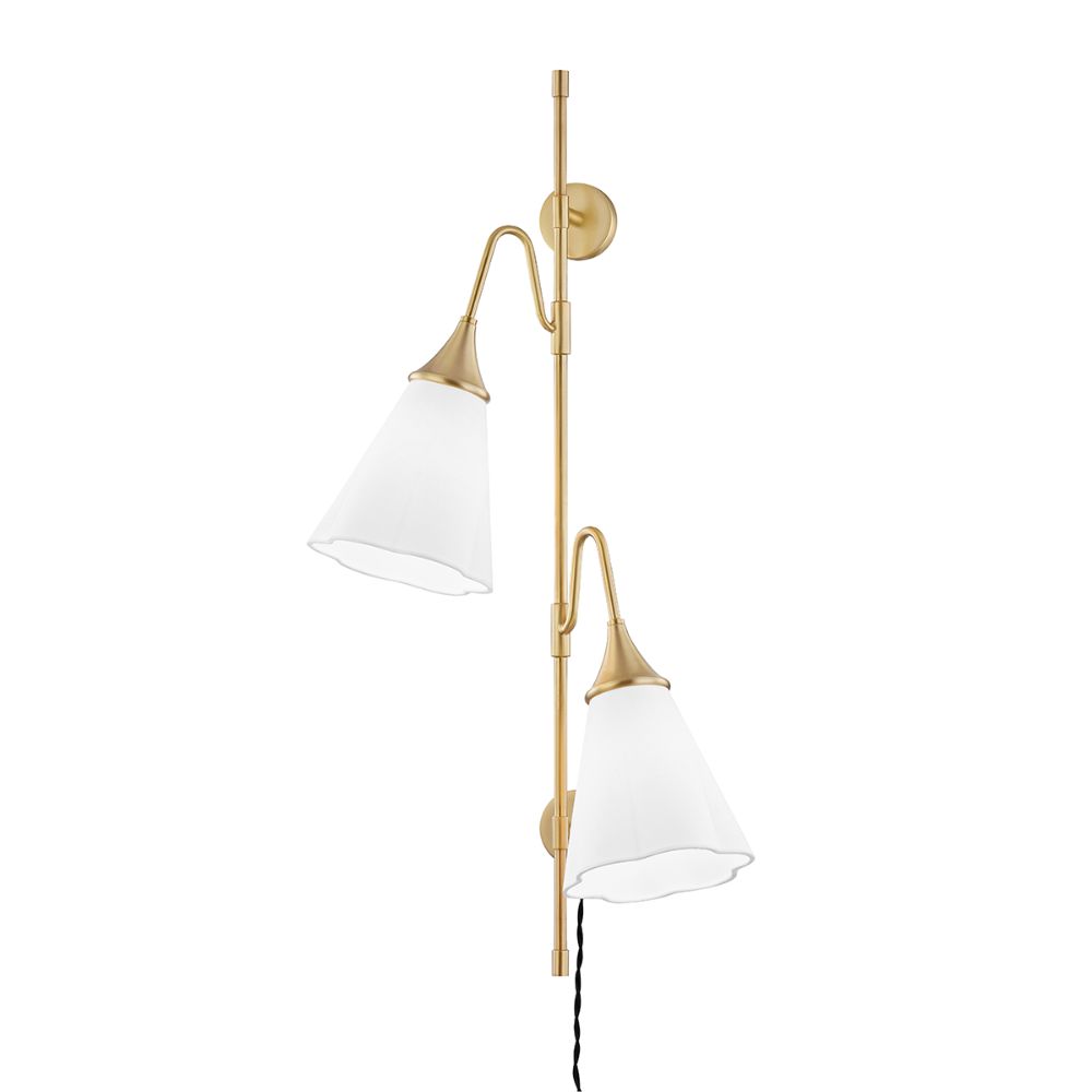 Mitzi by Hudson Valley Lighting HL356102-AGB Mara 2 Light Wall Sconce W/ Plug in Aged Brass with White Shade