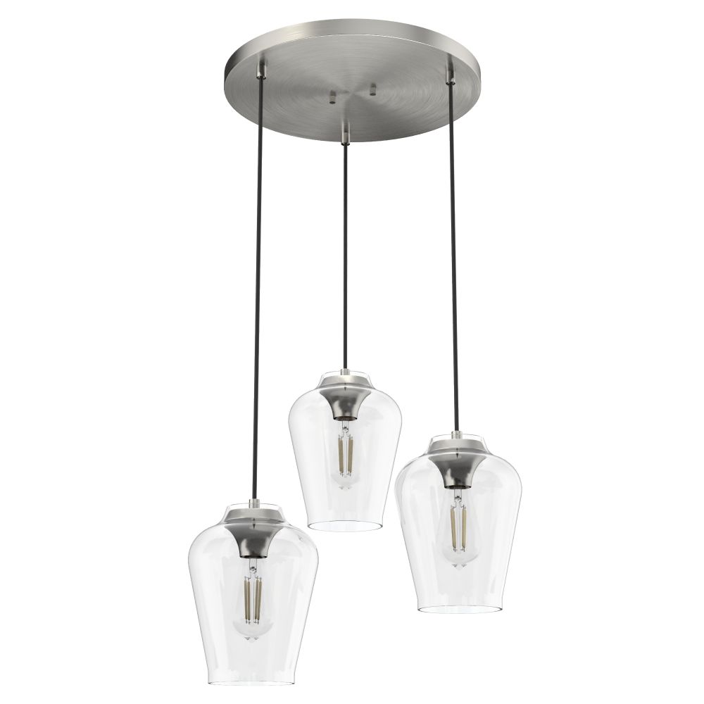 Hunter Fans 19727 Vidria Clear Glass 3 Light Round Pendant Cluster in Brushed Nickel