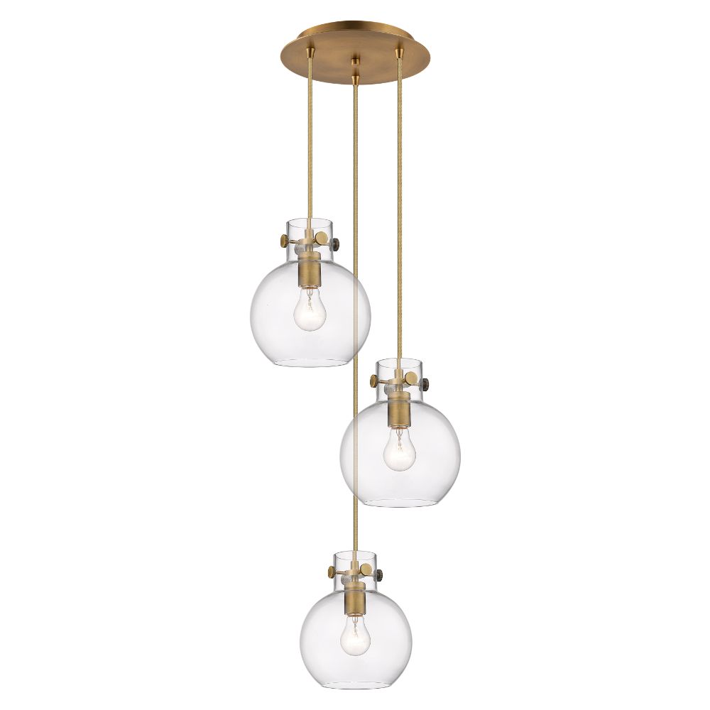 Innovations 113-410-1PS-BB-G410-8CL Newton Sphere - 3 Light 8" Cord Hung Multi Pendant - 10" Canopy - Brushed Brass Finish - Clear Glass Shade