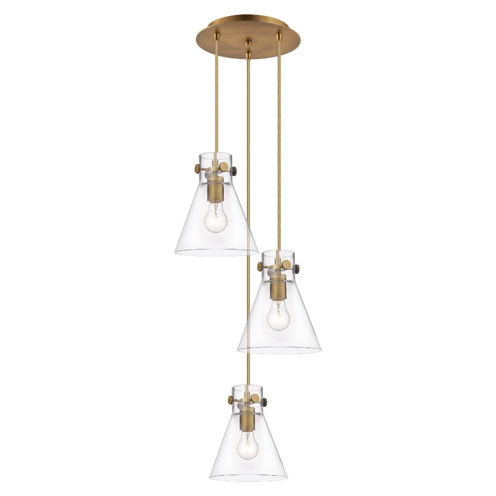 Innovations 113-410-1PS-BB-G411-8CL Newton Cone - 3 Light 8" Cord Hung Multi Pendant - 10" Canopy - Brushed Brass Finish - Clear Glass Shade