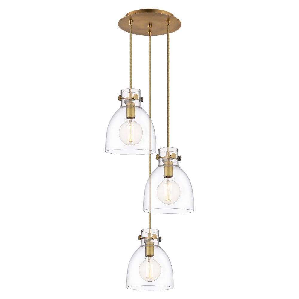 Innovations 113-410-1PS-BB-G412-8CL Newton Bell - 3 Light 8" Cord Hung Multi Pendant - 10" Canopy - Brushed Brass Finish - Clear Glass Shade