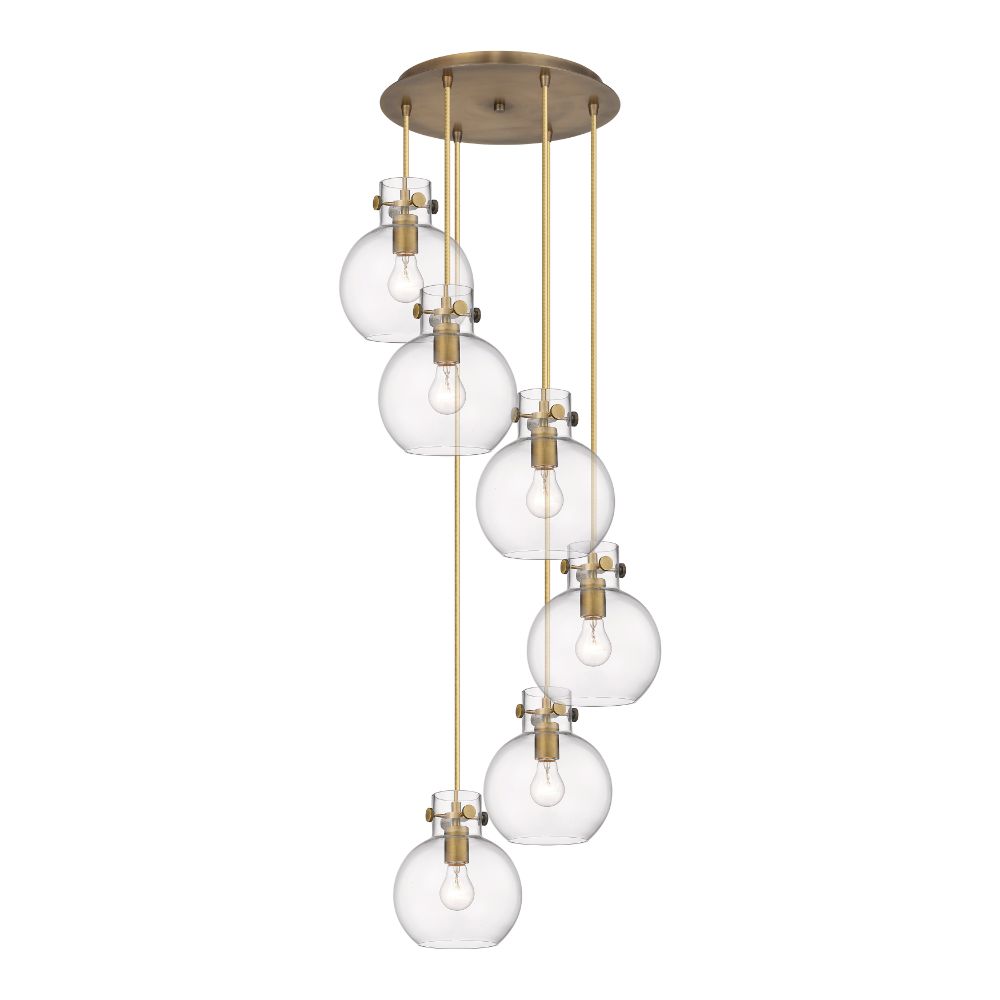 Innovations 116-410-1PS-BB-G410-8CL Newton Sphere - 6 Light 8" Cord Hung Multi Pendant - 14" Canopy - Brushed Brass Finish - Clear Glass Shade