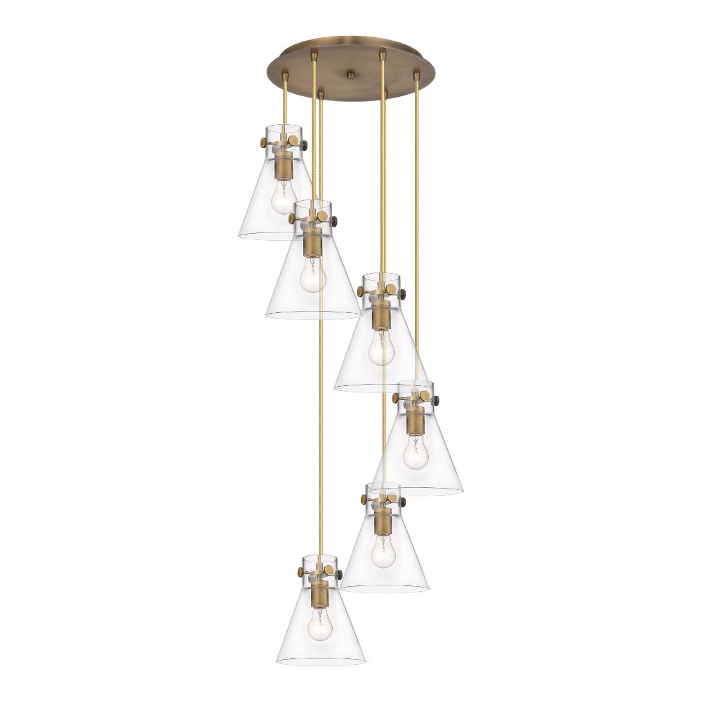 Innovations 116-410-1PS-BB-G411-8CL Newton Cone - 6 Light 8" Cord Hung Multi Pendant - 14" Canopy - Brushed Brass Finish - Clear Glass Shade