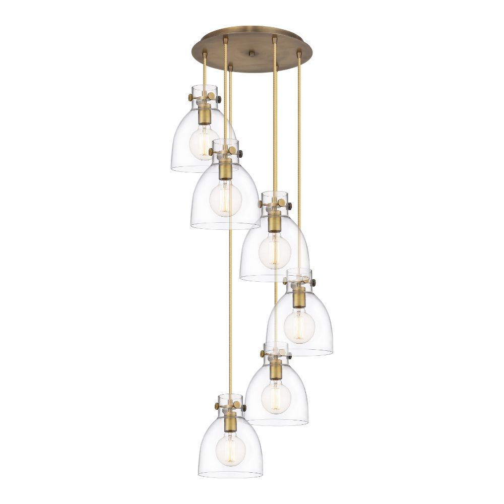 Innovations 116-410-1PS-BB-G412-8CL Newton Bell - 6 Light 8" Cord Hung Multi Pendant - 14" Canopy - Brushed Brass Finish - Clear Glass Shade