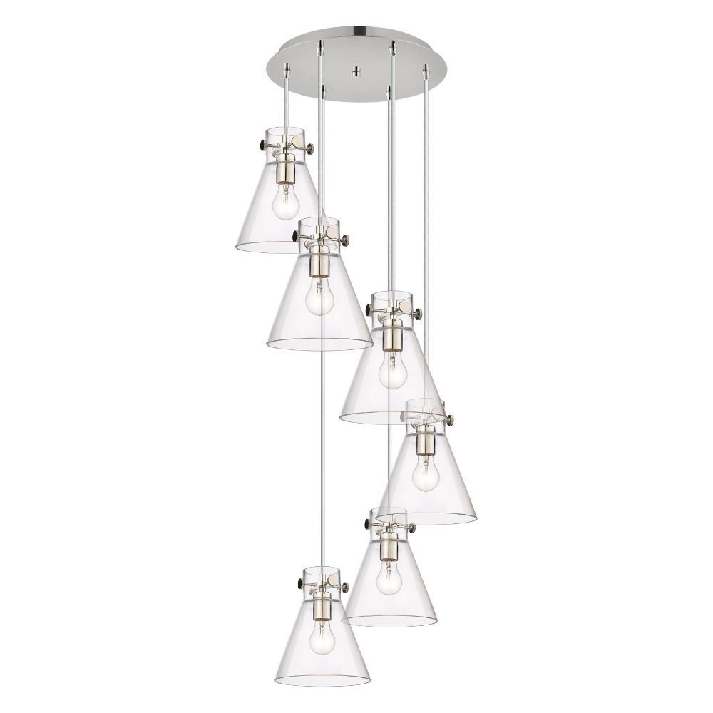 Innovations 116-410-1PS-PN-G411-8CL Newton Cone - 6 Light 8" Cord Hung Multi Pendant - 14" Canopy - Polished Nickel Finish - Clear Glass Shade