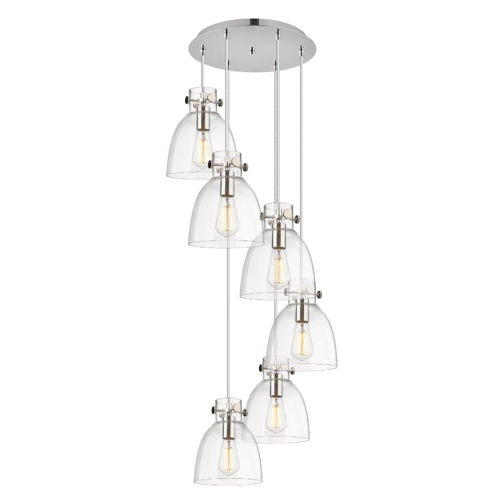 Innovations 116-410-1PS-PN-G412-8CL Newton Bell - 6 Light 8" Cord Hung Multi Pendant - 14" Canopy - Polished Nickel Finish - Clear Glass Shade