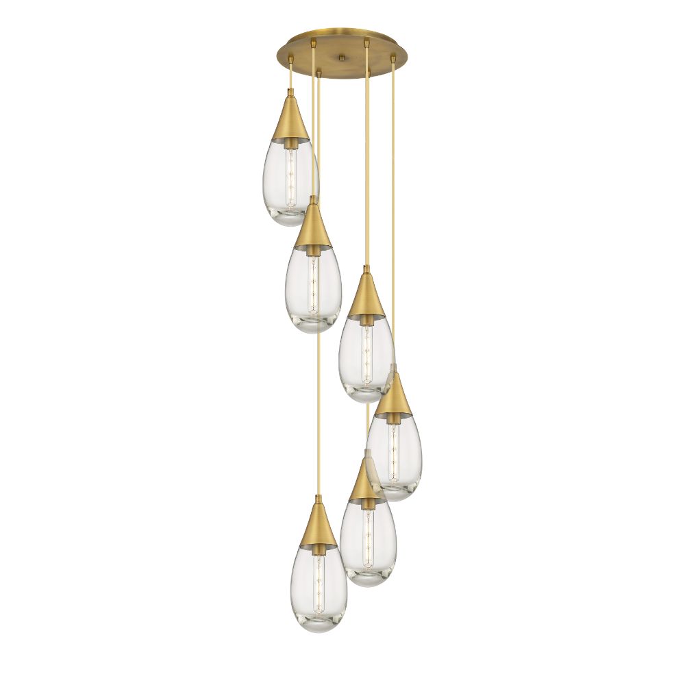 Innovations 116-450-1P-BB-G450-6CL Malone - 6 Light 6" Cord Hung Multi Pendant - 14" Canopy - Brushed Brass Finish - Clear Glass Shade